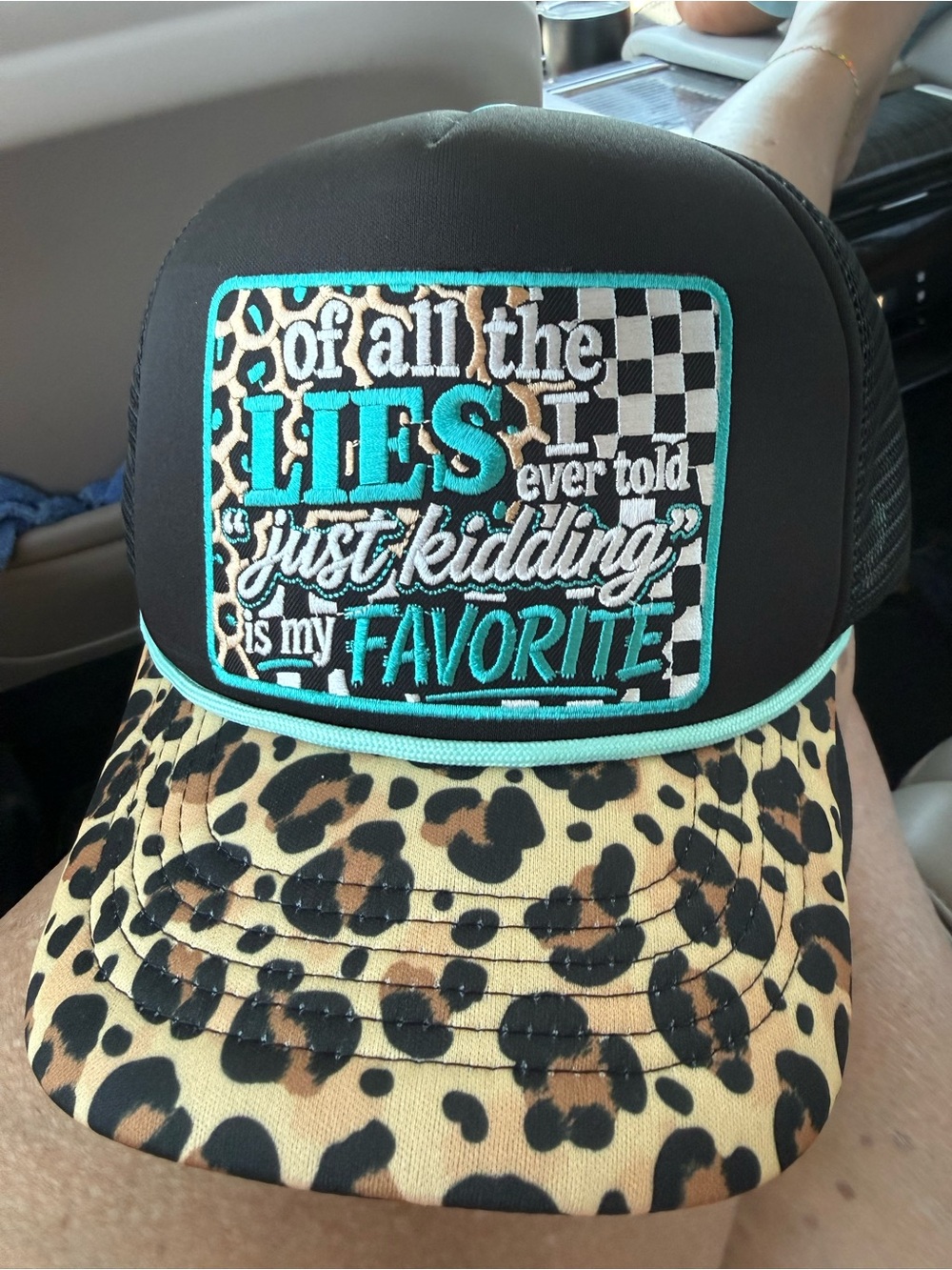 Leopard Print Trucker Hat with Teal Patch